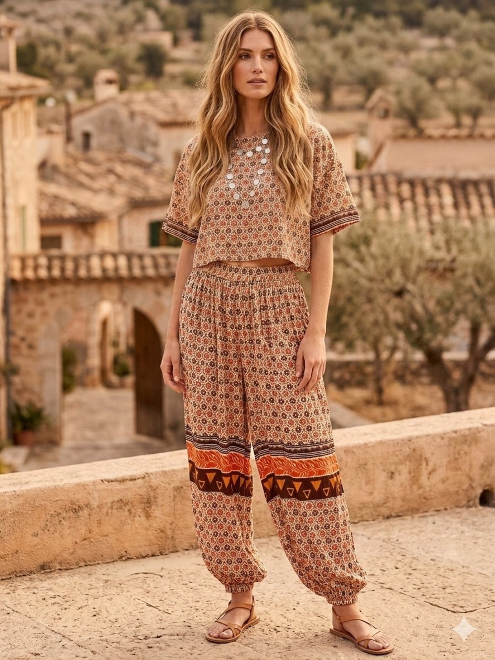 Step In Style Boho Earth Tone Harem Balloon Smocked Medallion Flowy Pants L